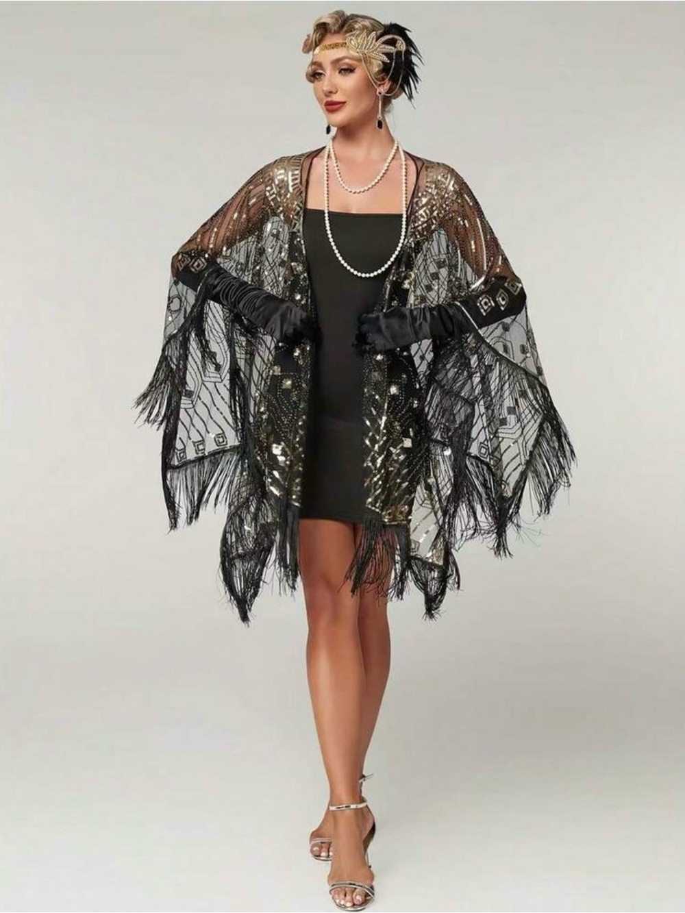 1920’s Black and Gold Sequin Lace Kimono Tassel Shawl One Size